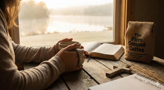 A quiet Monday morning moment — coffee, Scripture, and time to build your week on firm ground.