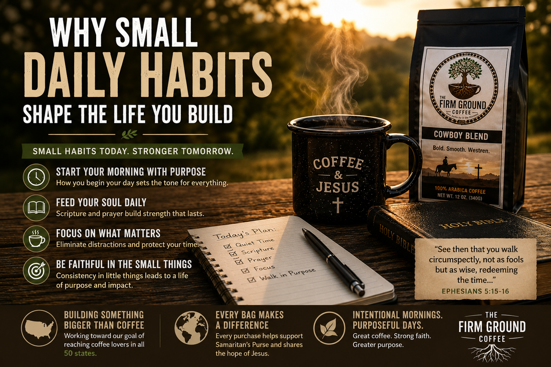 Inspirational morning routine image featuring fresh roasted Cowboy Blend coffee, a steaming Coffee and Jesus mug, an open Bible, and a notebook highlighting how small daily habits shape intentional living, spiritual focus, and productive mornings.
