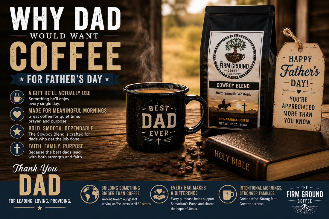Father's Day coffee gift featuring The Firm Ground Coffee Cowboy Blend, a steaming coffee mug, Holy Bible, and appreciation message for dads, highlighting faith, family, purpose, and meaningful morning routines.