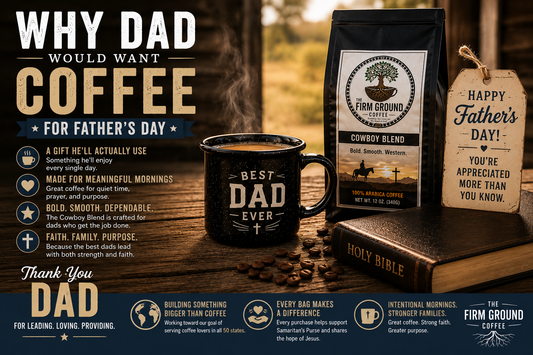 Father's Day coffee gift featuring The Firm Ground Coffee Cowboy Blend, a steaming coffee mug, Holy Bible, and appreciation message for dads, highlighting faith, family, purpose, and meaningful morning routines.
