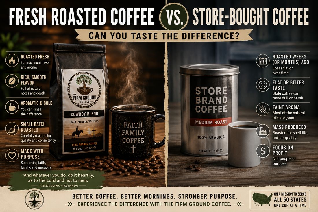 Comparison of fresh roasted Cowboy Blend coffee and store-bought coffee showing differences in freshness, flavor, aroma, roasting methods, and coffee quality for a better morning coffee experience.