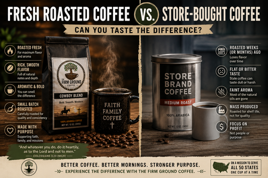 Comparison of fresh roasted Cowboy Blend coffee and store-bought coffee showing differences in freshness, flavor, aroma, roasting methods, and coffee quality for a better morning coffee experience.