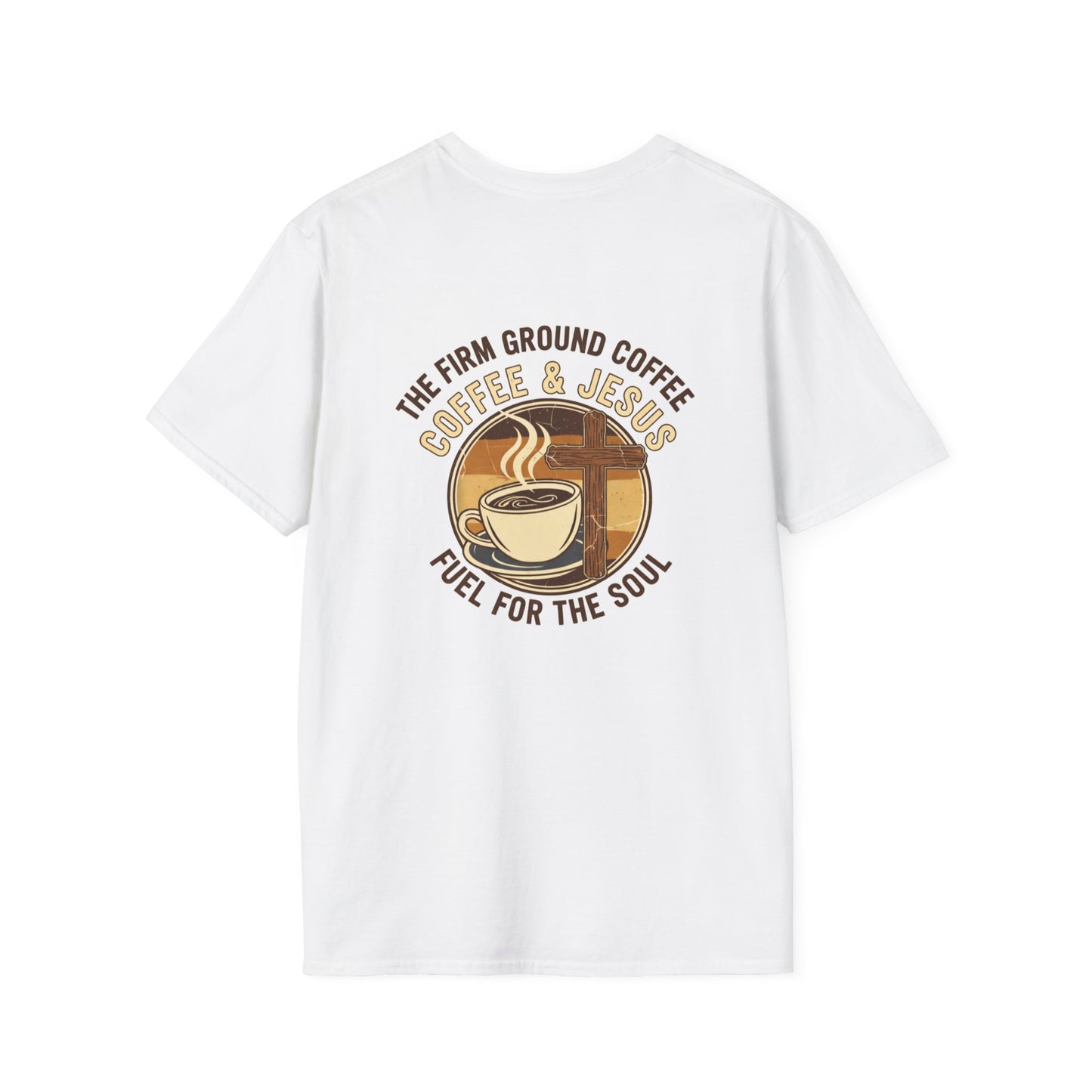Firm Ground Coffee and Jesus t-shirt back design with faith-based message