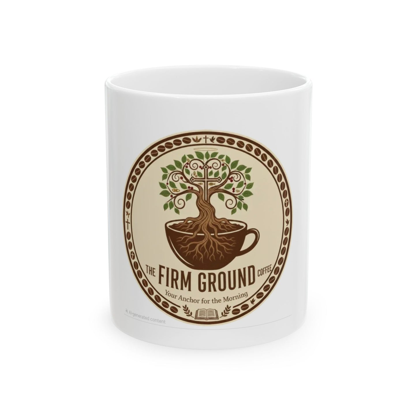 Firm Ground Coffee ceramic mug with tree logo design for daily coffee ritual