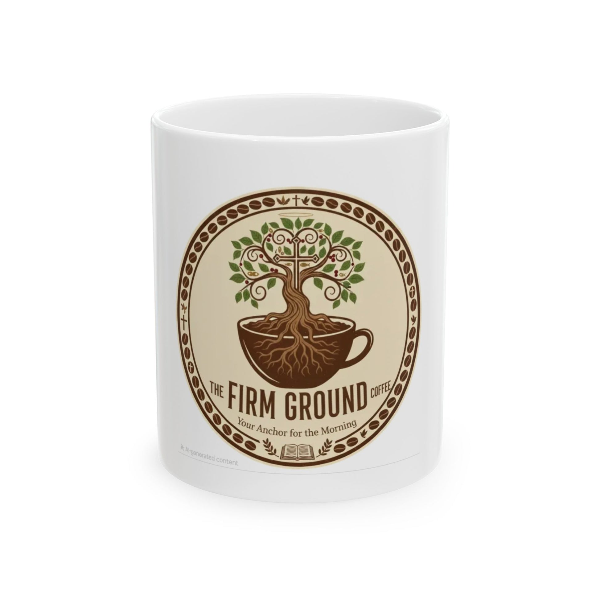 Firm Ground Coffee ceramic mug with tree logo design for daily coffee ritual