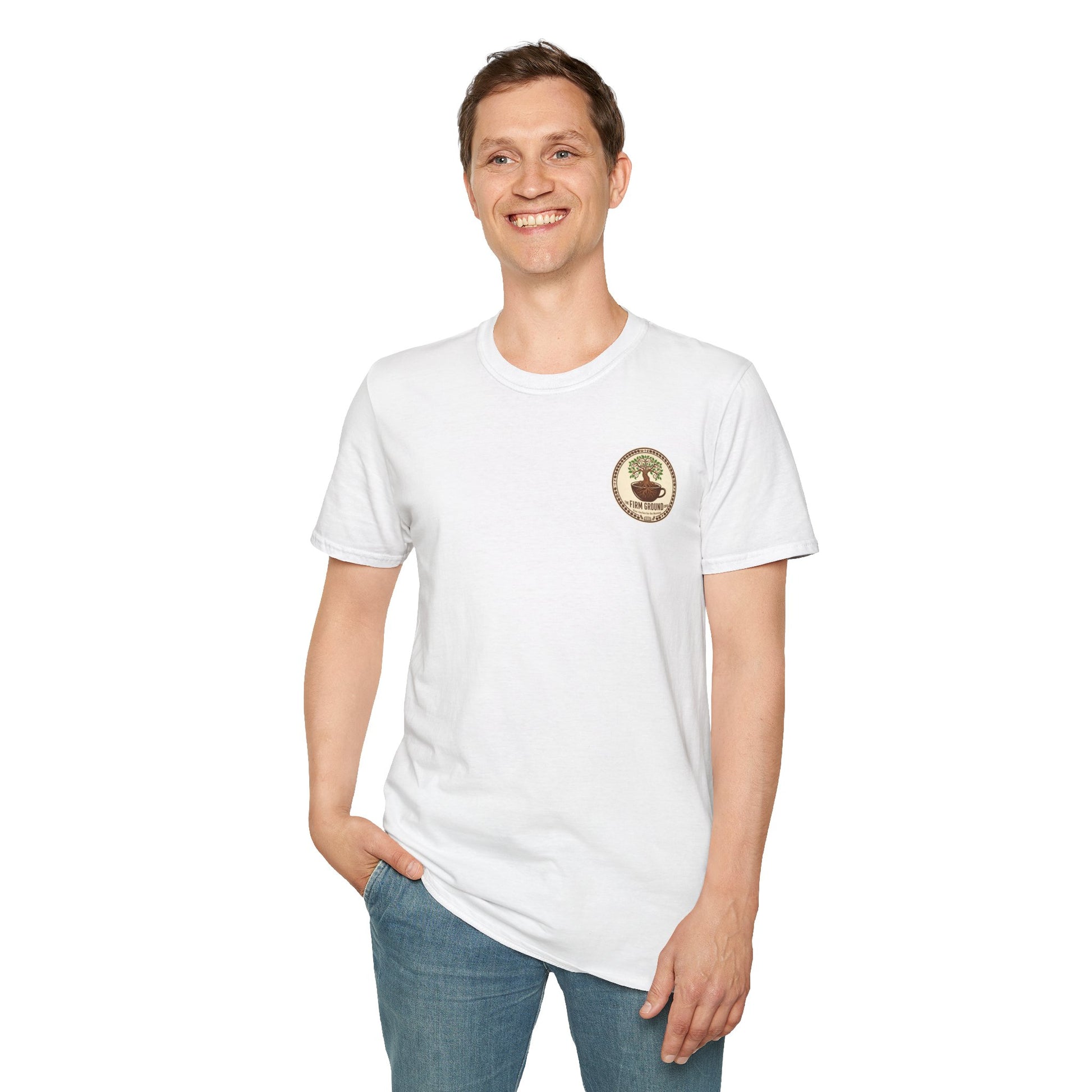 Firm Ground Coffee and Jesus t-shirt back design with faith-based message
