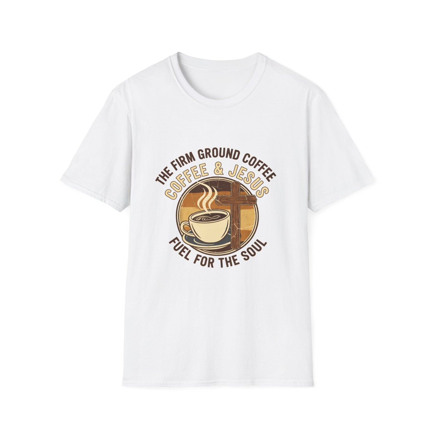 Firm Ground Coffee and Jesus Fuel for the Soul Christian cafe t-shirt front design