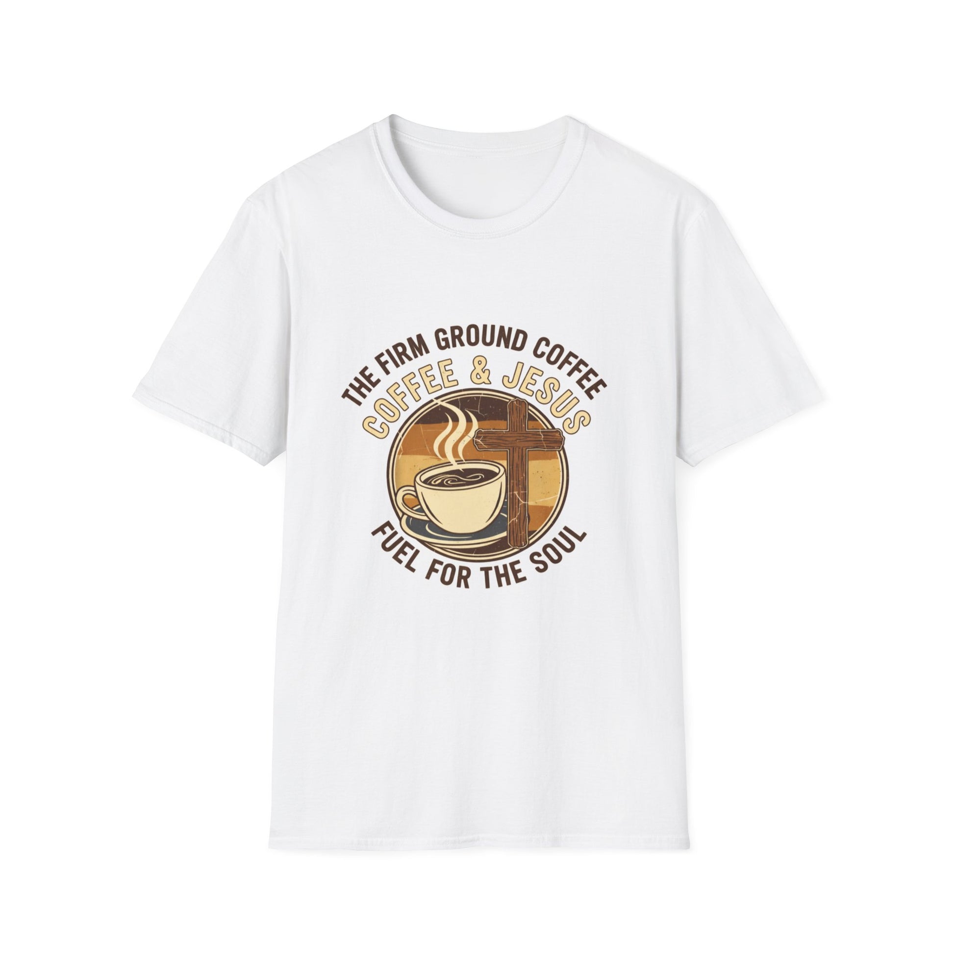 Firm Ground Coffee and Jesus Fuel for the Soul Christian cafe t-shirt front design