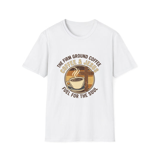Firm Ground Coffee and Jesus Fuel for the Soul Christian cafe t-shirt front design