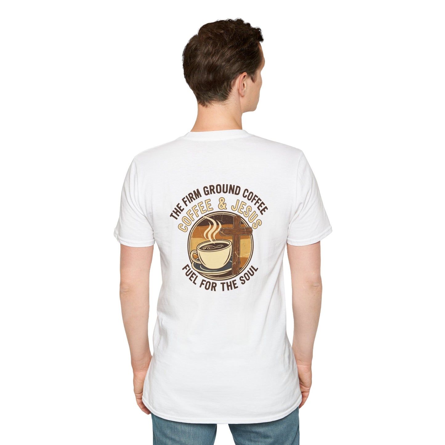 Firm Ground Coffee and Jesus t-shirt back design with faith-based message