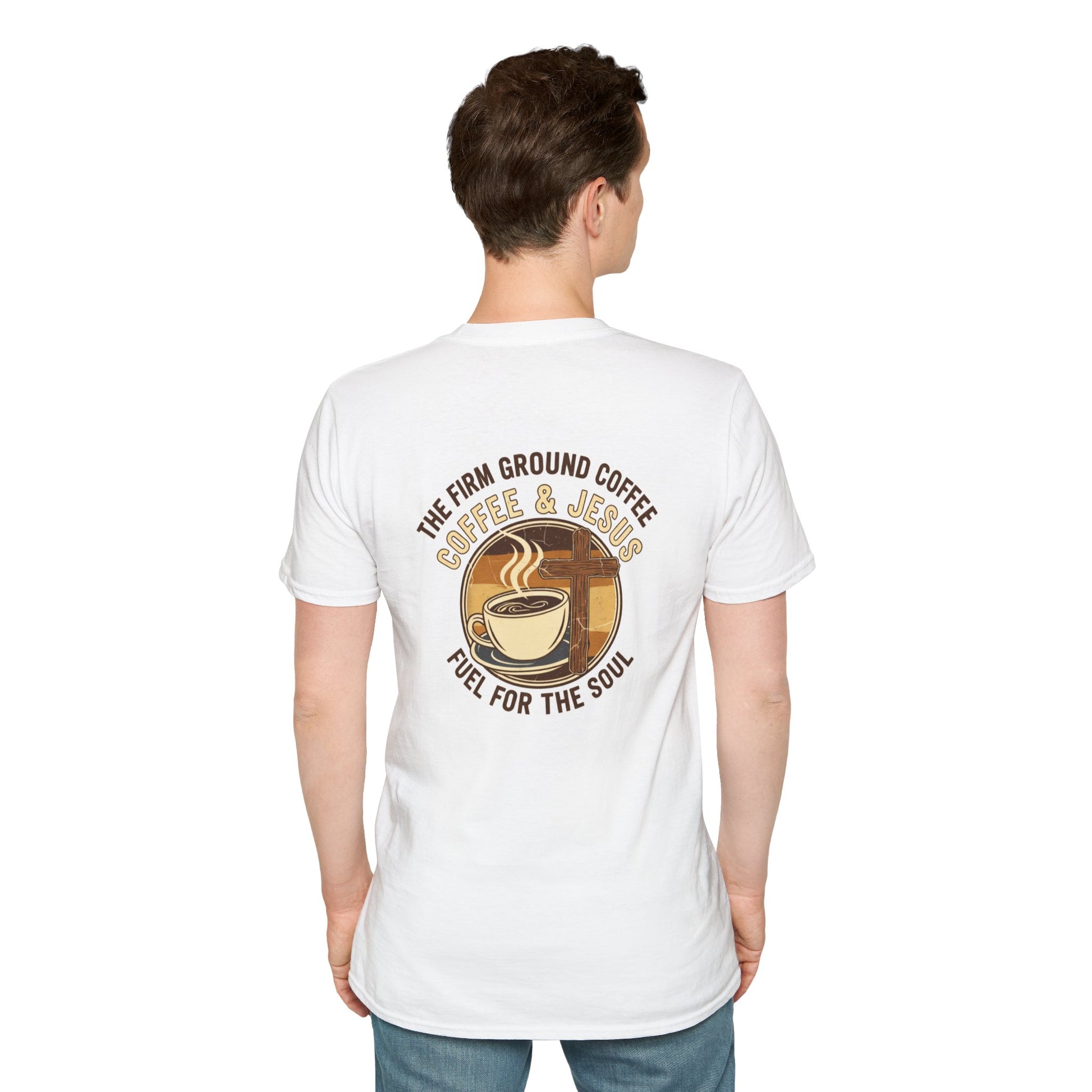 Firm Ground Coffee and Jesus t-shirt back design with faith-based message