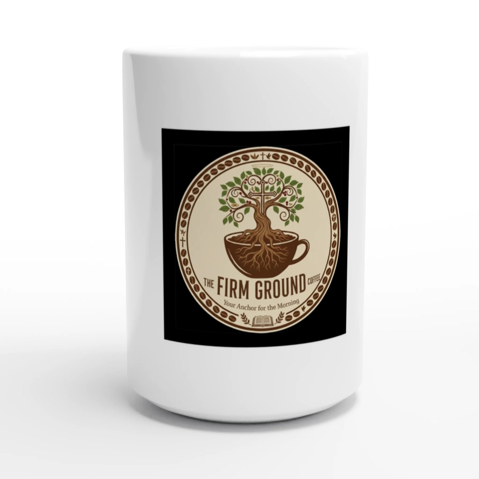Firm Ground Coffee ceramic mug with tree logo design for daily coffee ritual