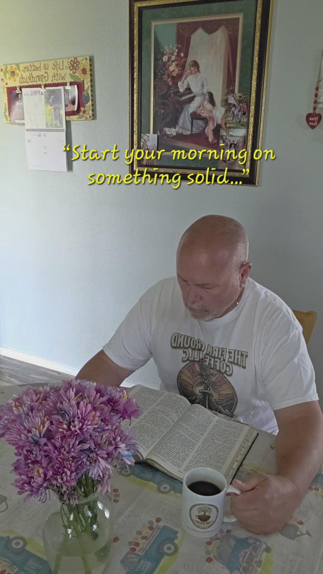 Load video: Pastor reading the Bible with a cup of coffee, sharing a faith-based morning message from The Firm Ground Coffee.